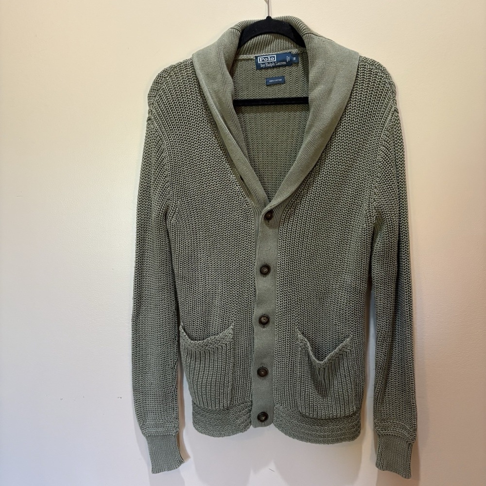 Polo Ralph Lauren Cardigan Sweater‎ Men Small Green Cable Knit Shawl Collar